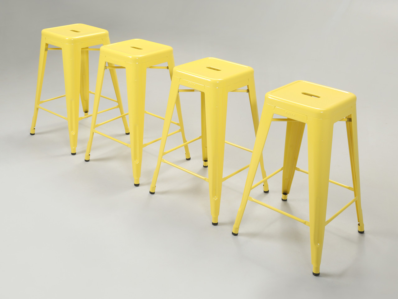 Original French Tolix Lemon Yellow Stacking Counter Stools Set