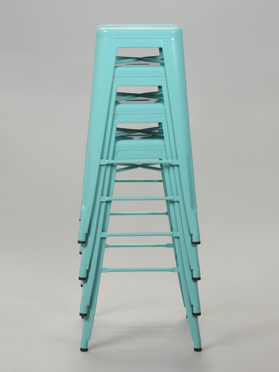 Four Authentic French Tolix Cyan Blue Stacking Bar Stools