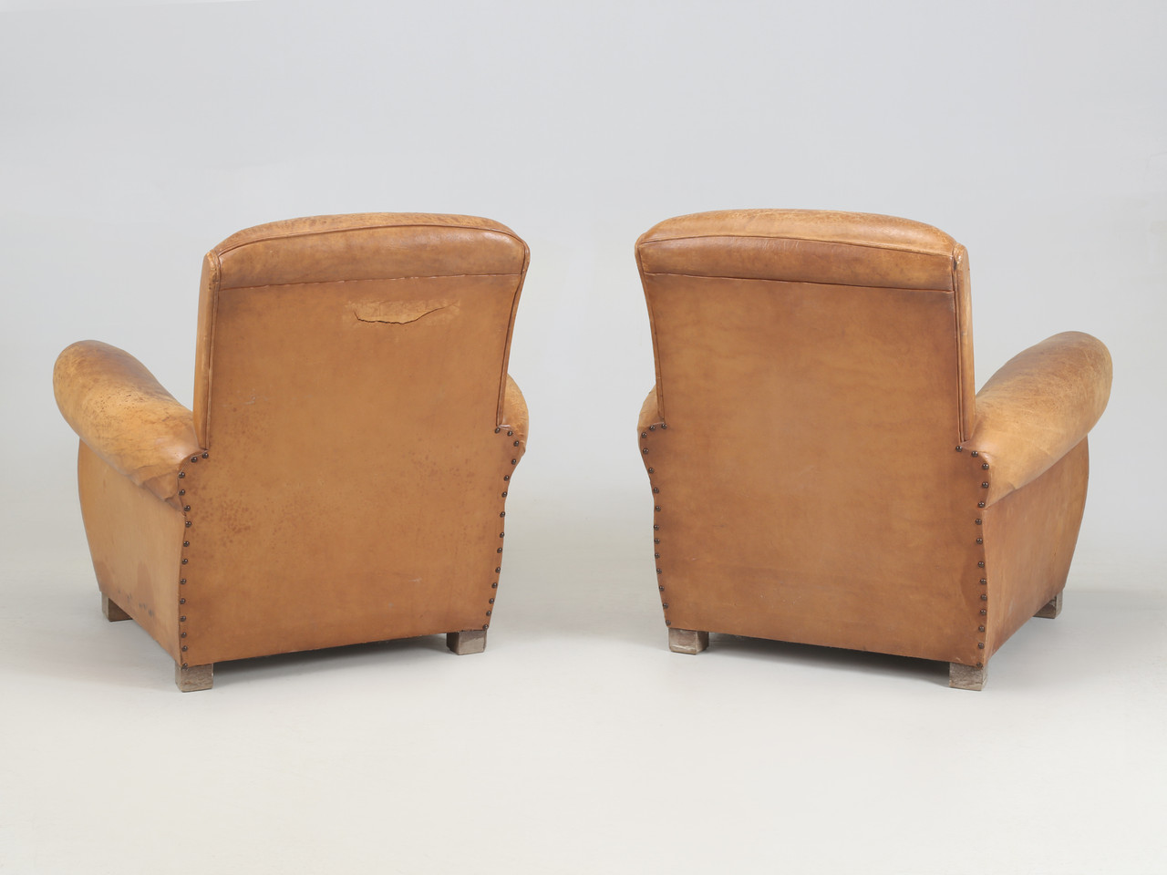 Pair French Leather Club Chairs, Require Restoration