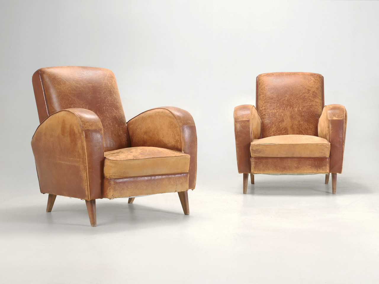 Pair Vintage Unrestored French Leather Club Chairs MCM