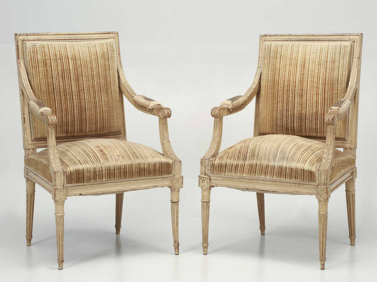 Antique Pair of French Louis XVI Style Arm Chairs Original Paint