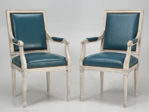 French Louis XVI Style Armchairs Custom Dyed Blue Leather Hand-Made in France French Louis XVI Style Armchairs Custom Dyed Blue Leather Hand-Made in France