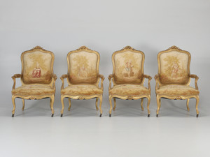 Antique French Louis XV Style Armchairs in Original Tapestry Fabric and Gilt Frames Set of 4 Antique French Louis XV Style Armchairs in Original Tapestry Fabric and Gilt Frames Set of 4