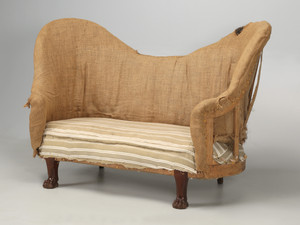 Antique French Mahogany Loveseat or Settee, Lion Paw Feet Unrestored Deconstructed Right side full view Antique French Mahogany Loveseat or Settee, Lion Paw Feet Unrestored Deconstructed Right side full view