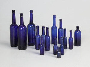 Collection of '15' Cobalt Blue Caster Oil Hand Blown Bottles Made in 1800s, United Kingdom Bottles View