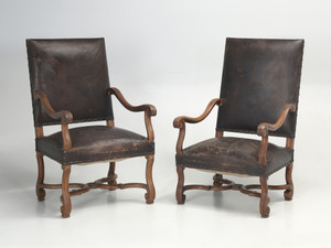 Antique French Armchairs in Figured Walnut, His and Her Pair in Original Leather Antique French Armchairs in Figured Walnut, His and Her Pair in Original Leather