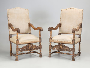 Antique Pair of Italian Armchairs Hand Carved Walnut Require Restoration, C1880s Antique Pair of Italian Armchairs Hand Carved Walnut Require Restoration, C1880s