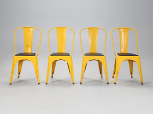Vintage French Tolix Sunrise Yellow Powder-Coated Steel Stacking Chairs w/ Black Vinyl Seats - Set of (4) Vintage French Tolix Sunrise Yellow Powder-Coated Steel Stacking Chairs w/ Black Vinyl Seats - Set of (4)