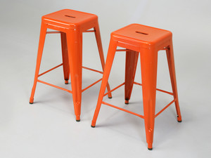 Original Orange Tolix Powder-Coated Steel Stacking Counter Stools Made in France - Set of (2) Original Orange Tolix Powder-Coated Steel Stacking Counter Stools Made in France - Set of (2)