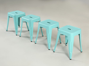 Original French Tolix Cyan Blue Powder-Coated Stacking Stools - Set of (4) Original French Tolix Cyan Blue Powder-Coated Stacking Stools - Set of (4)