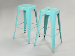 Pair of Original French Tolix Cyan Blue RAL 6027 Powder-Coated Steel Stacking H75 Bar Stools Pair of Original French Tolix Cyan Blue RAL 6027 Powder-Coated Steel Stacking H75 Bar Stools