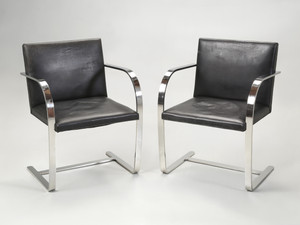 Pair of Mies van der Rohe Brno Flat Bar Black Leather Chairs c1960's Unrestored Pair of Mies van der Rohe Brno Flat Bar Black Leather Chairs c1960's Unrestored