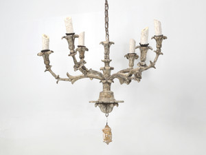 Antique Italian Chandelier Hand-Carved Wood in Old Paint Rewired Great Patina Antique Italian Chandelier Hand-Carved Wood in Old Paint Rewired Great Patina