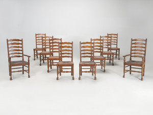 Vintage Set (10) Solid Oak Lightening Back Dining Chairs with Rush Seats c1970's Vintage Set (10) Solid Oak Lightening Back Dining Chairs with Rush Seats c1970's