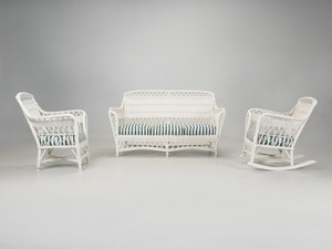 Vintage White Wicker Suite Settee, Chair, Rocking Chair Well Made Heavy Seat Cushions Vintage White Wicker Suite Settee, Chair, Rocking Chair Well Made Heavy Seat Cushions