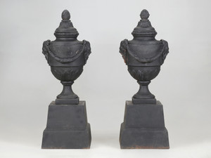 Pair of Vintage Cast Iron Neoclassical Urns Matching Cast Iron Plinths c1900's Pair of Vintage Cast Iron Neoclassical Urns Matching Cast Iron Plinths c1900's