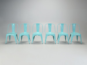 Set of (6) Cyan Blue Aqua Wide Seat Original French Made Tolix AC Style Steel Stacking Chairs