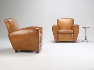 Pair French Art Deco Leather Club Chairs