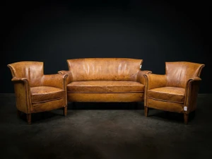 French Leather Club Chairs and Settee