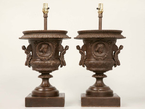 Pair of Italian Iron Winged Maidens Urns Fitted as Table Lamps Very Well Made Pair of Italian Iron Winged Maidens Urns Fitted as Table Lamps Very Well Made