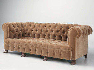 Custom Tufted Back Sofa w/ Gold Feet Angled Custom Tufted Back Sofa w/ Gold Feet Angled