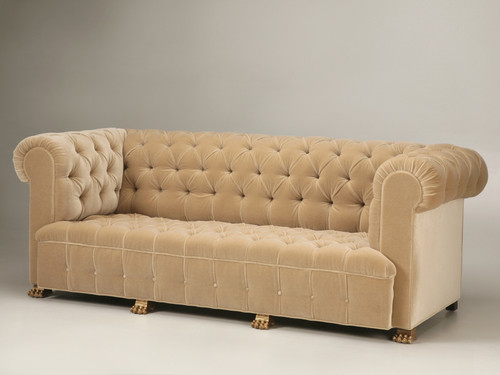 Classic Chesterfield Style Tufted-Back Sofa, Bronze Lion Paw Feet Angled