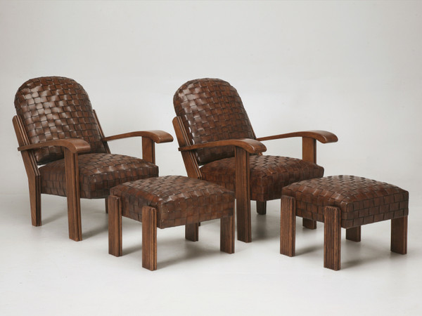 Pair of Woven Leather Club Chairs w/ Ottomans