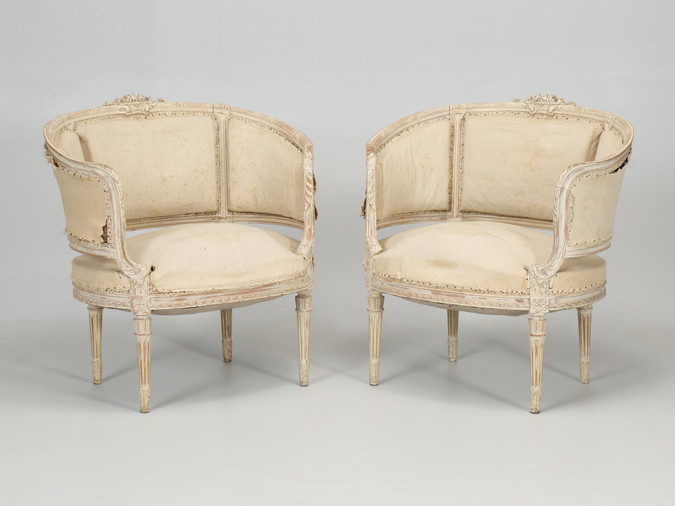Pair of Swedish Bergère Chairs in Louis XVI Style with Old Paint Full view of chairs