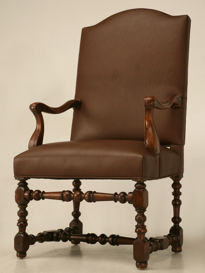 18th C. Antique French Leather Throne Chair Angled