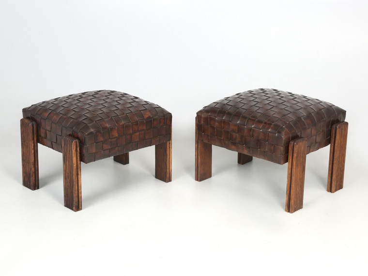 Made to Order French Inspired Woven Leather Ottomans full view