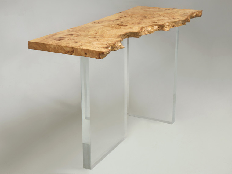 Console Table with Burled Elm Top & Acrylic Transparent Base Angled Right