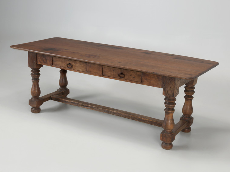 Unrestored Antique French Oak Dining Table 2-Drawers  Full Side View