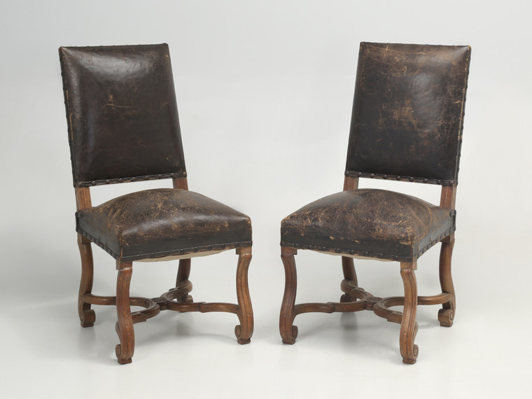 Pair of Antique Old Leather Side Chairs Probably Italian Early 1900's Unrestored | Full View