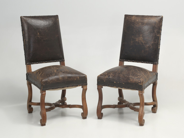 Pair of Antique Old Leather Side Chairs Probably French Early 1900's Unrestored | Full View
