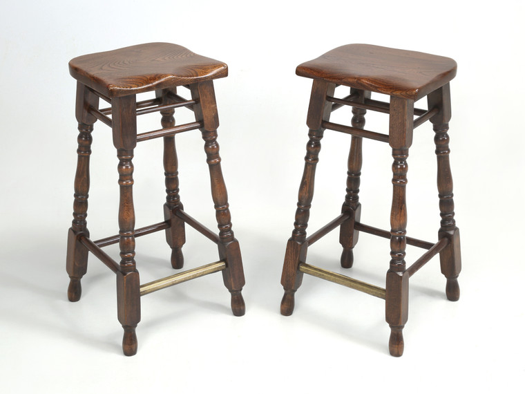 Pair of Irish Elm Wood Saddle Seat Stools Perfect for American Kitchen Counters | Full View