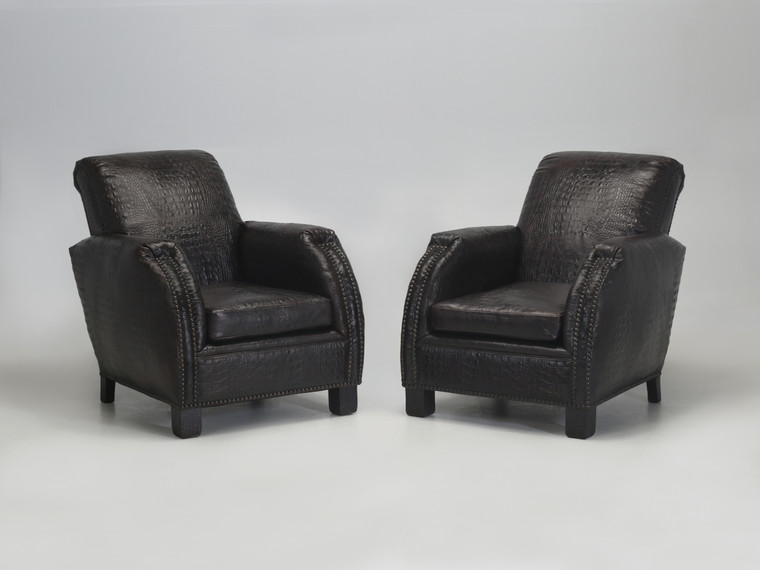 Pair of French Art Deco Leather Club Chairs covered in a Faux Crocodile Leather