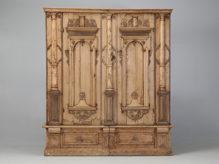 Antique German Baroque Armoire in Stripped Pine