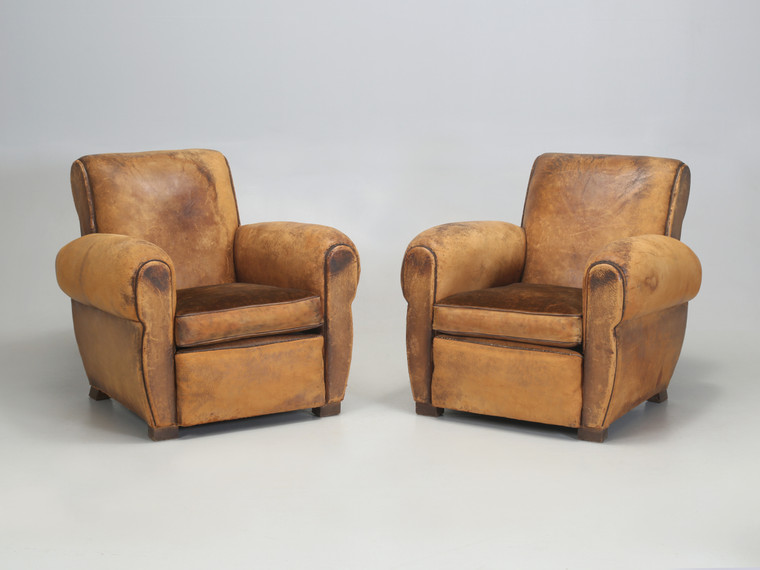 Restored French Leather Club Chairs Velvet Cushion