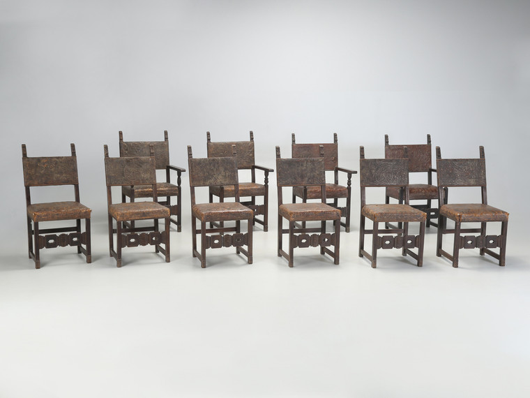 Antique Set of (10) Spanish Leather Dining Chairs