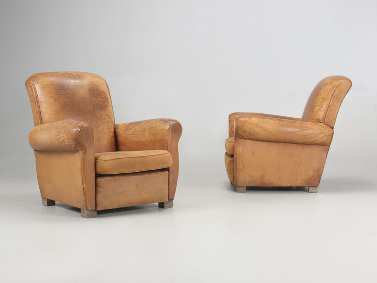 Pair French Leather Club Chairs, Require Restoration