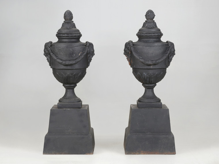 Pair of Vintage Cast Iron Neoclassical Urns Matching Cast Iron Plinths c1900's