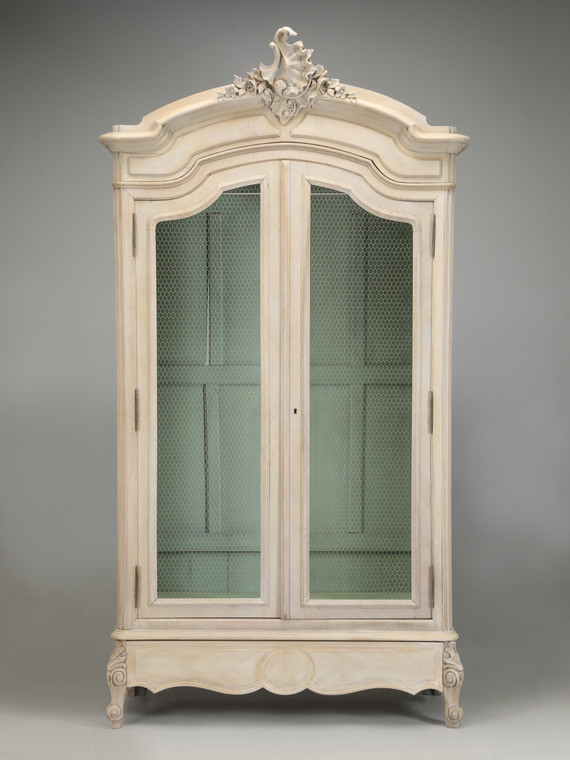 Antique French Rococo 19th Century Limed Wardrobe or Armoire with Chicken Wire Doors