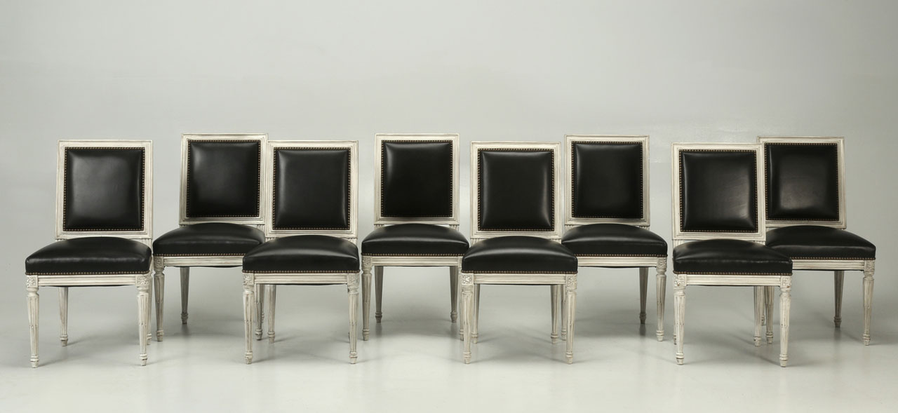 Set of 8 Black Leather Louis XVI Side Chairs