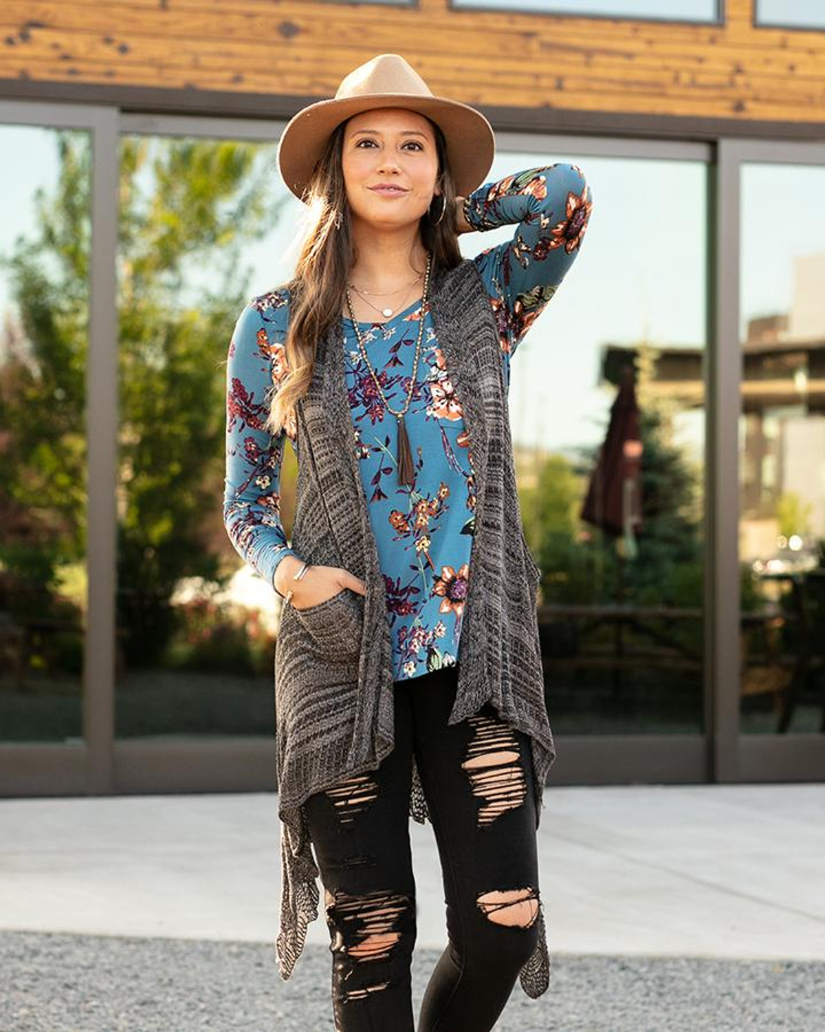 Grace and Lace Long Sleeve Perfect Pocket Tee in Fashion Print - Dusty Blue  Floral