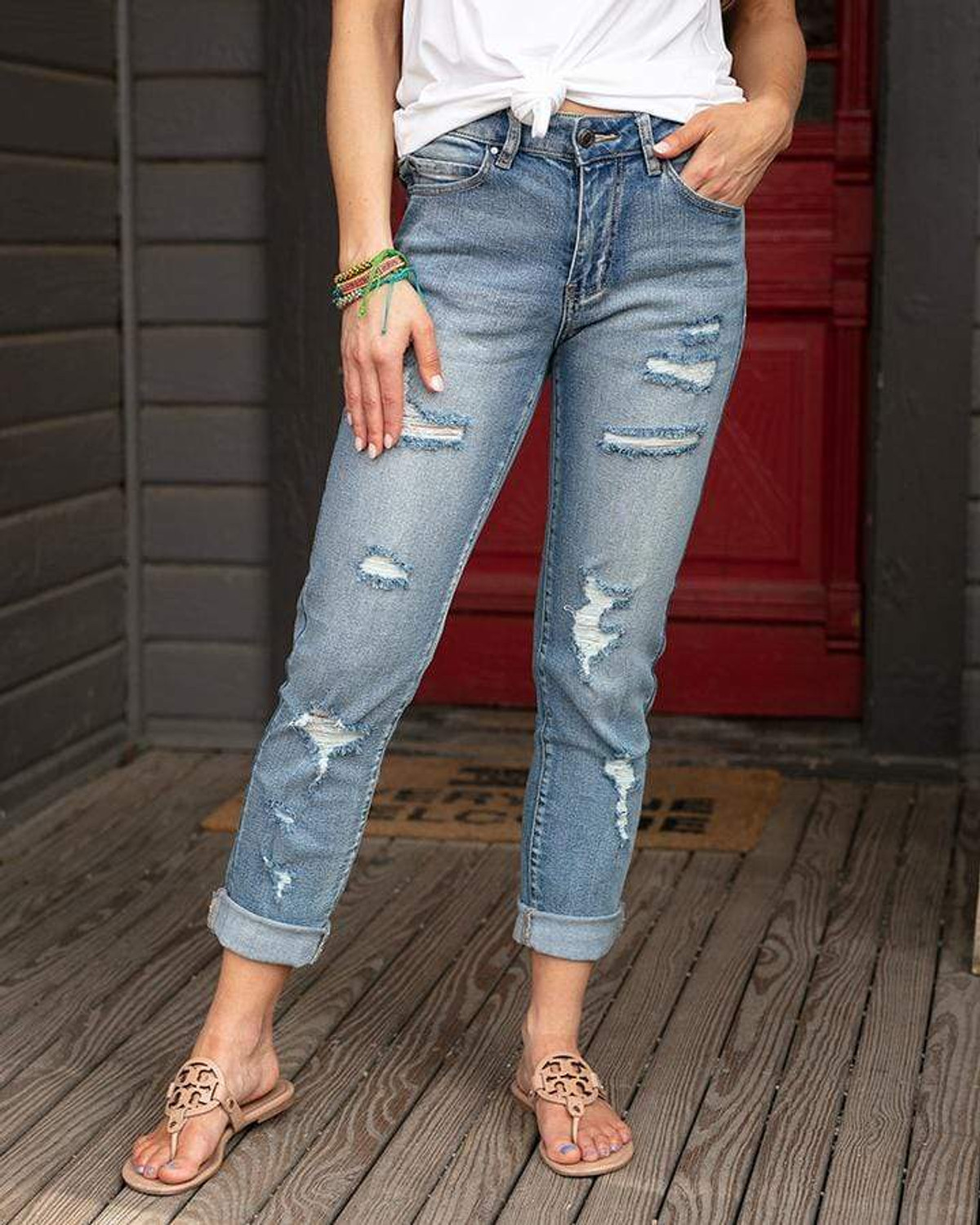 Grace and Lace Favorite Girlfriend Jeans - Distressed - Mid Wash