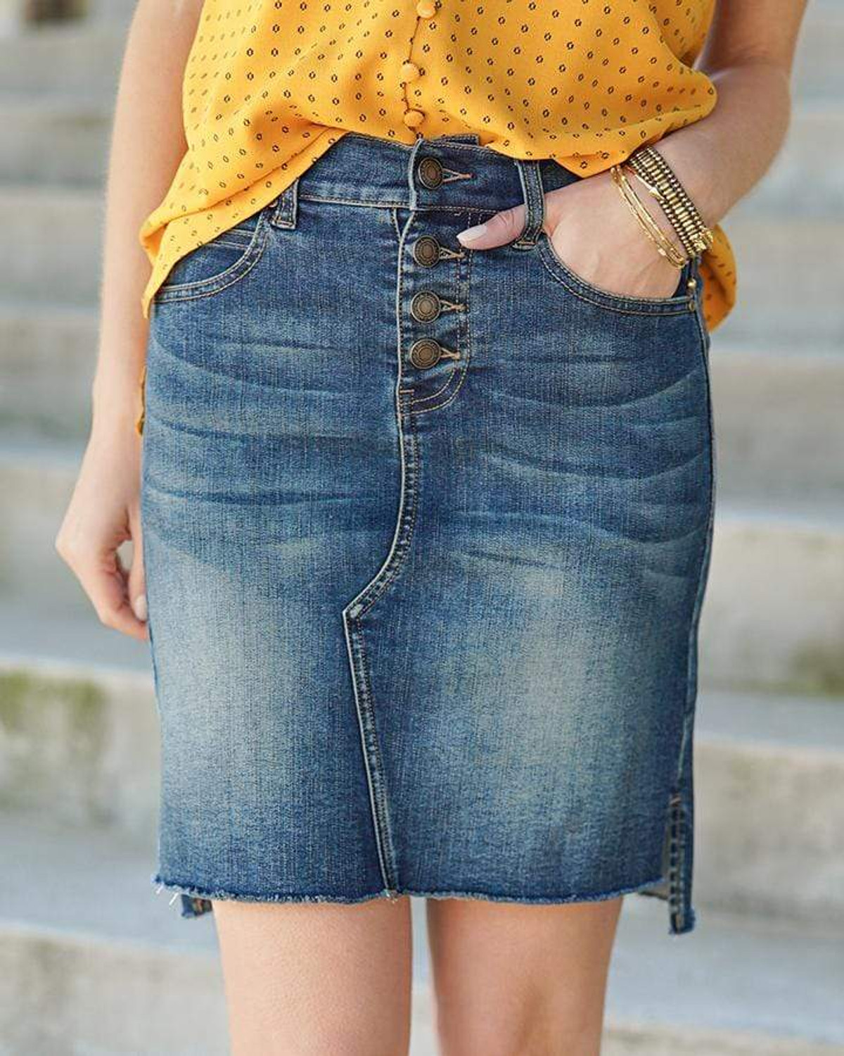 Black Button Front A-Line Denim Skirt