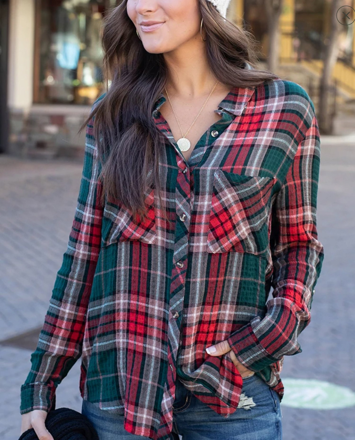 Grace and Lace Favorite Button Up Plaid - Red/Green Plaid