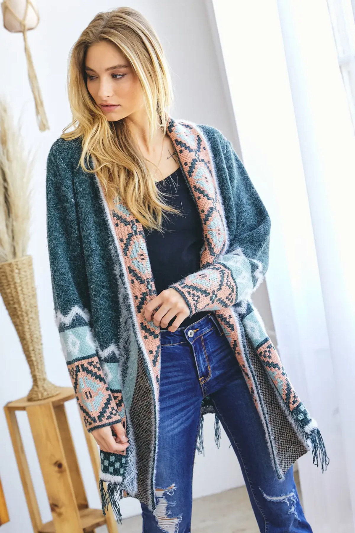 Davi & Dani TRIBAL AZTEC PRINT LONG SLEEVE CARDIGAN- Sage