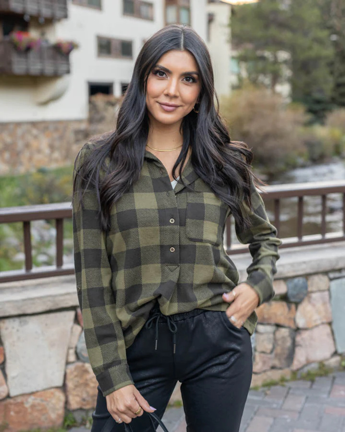 Grace and Lace Favorite Stretch Plaid Henley - Olive Plaid