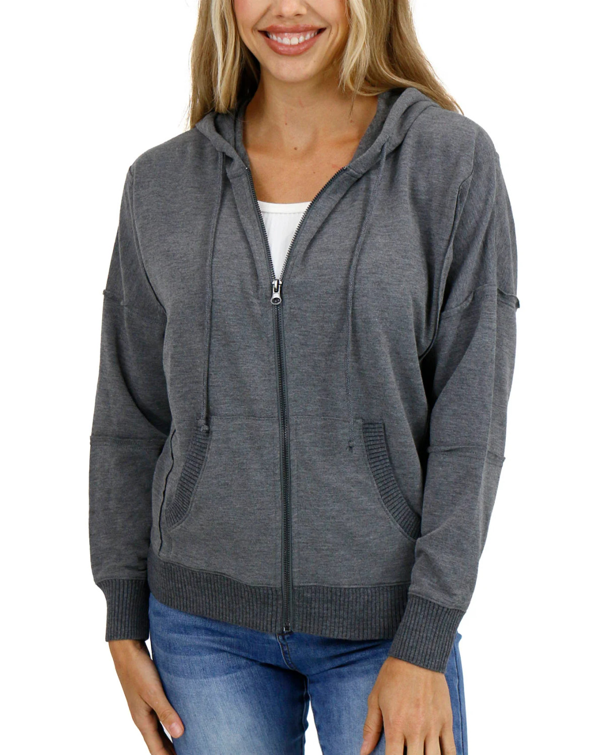 Grace and Lace Signature Soft Heathered Charcoal Zip Up Hoodie